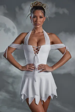 Lace Up Halter Neck Mini Dress in White Easy Look Weekend Style