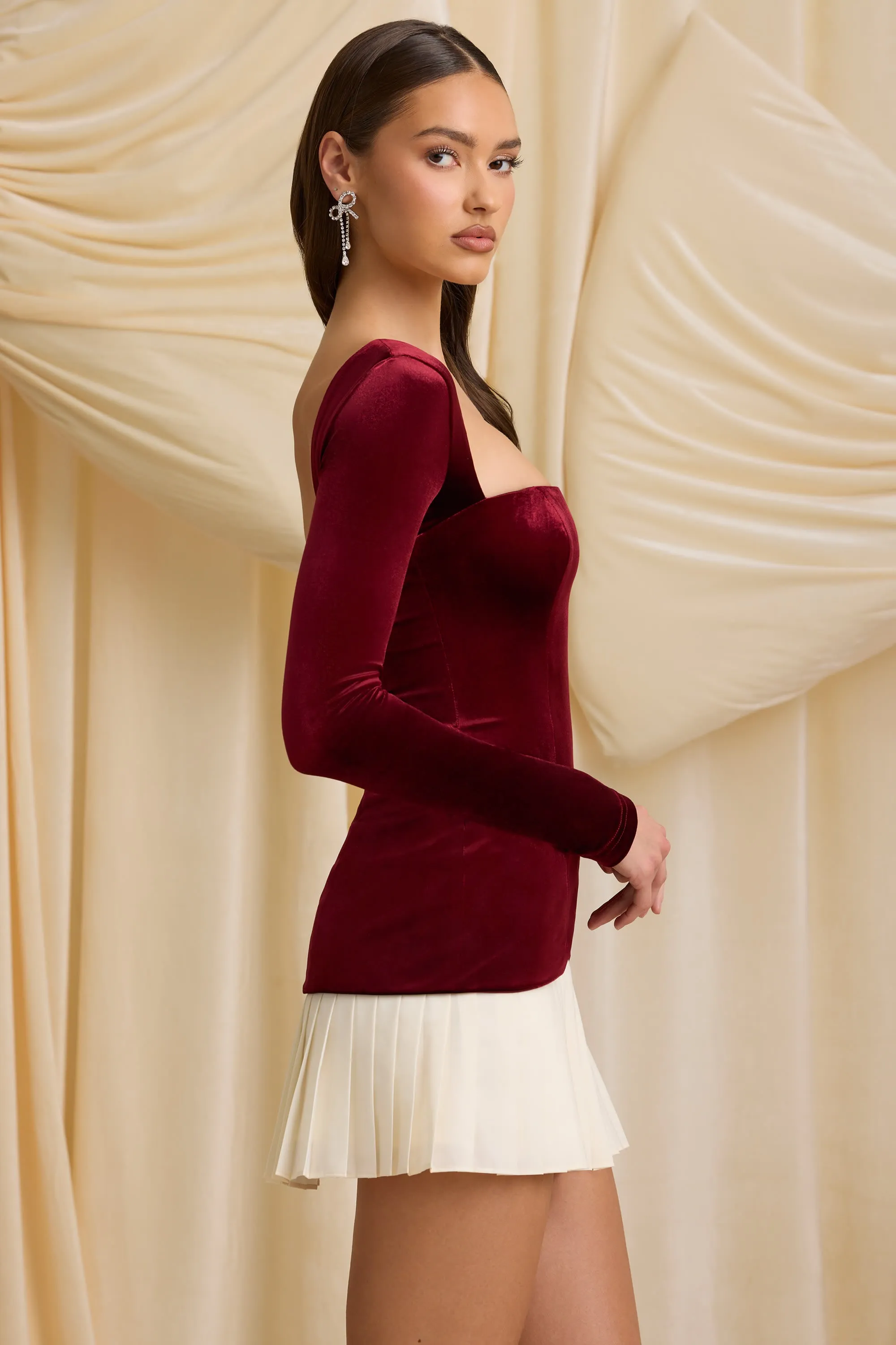 Timeless Look Shift Style Layered Pleated Corset Mini Dress in Wine Red