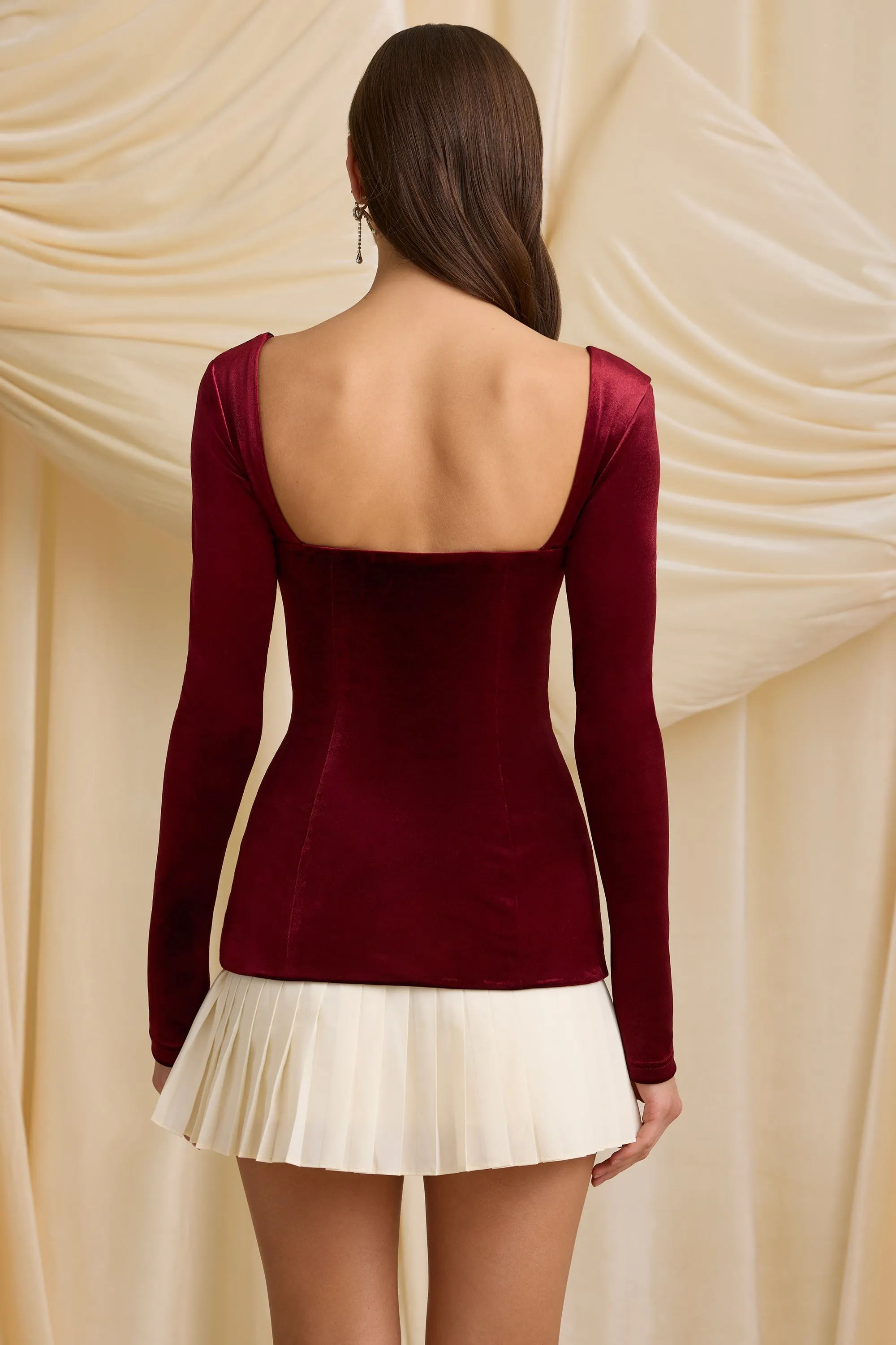 Layered Pleated Corset Mini Dress in Wine Red fade resistant color