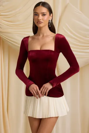 Edge Hot Layered Pleated Corset Mini Dress in Wine Red