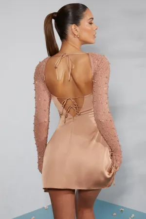 Long Sleeve Embellished A-line Mini Dress in Beige Comfortable party wear