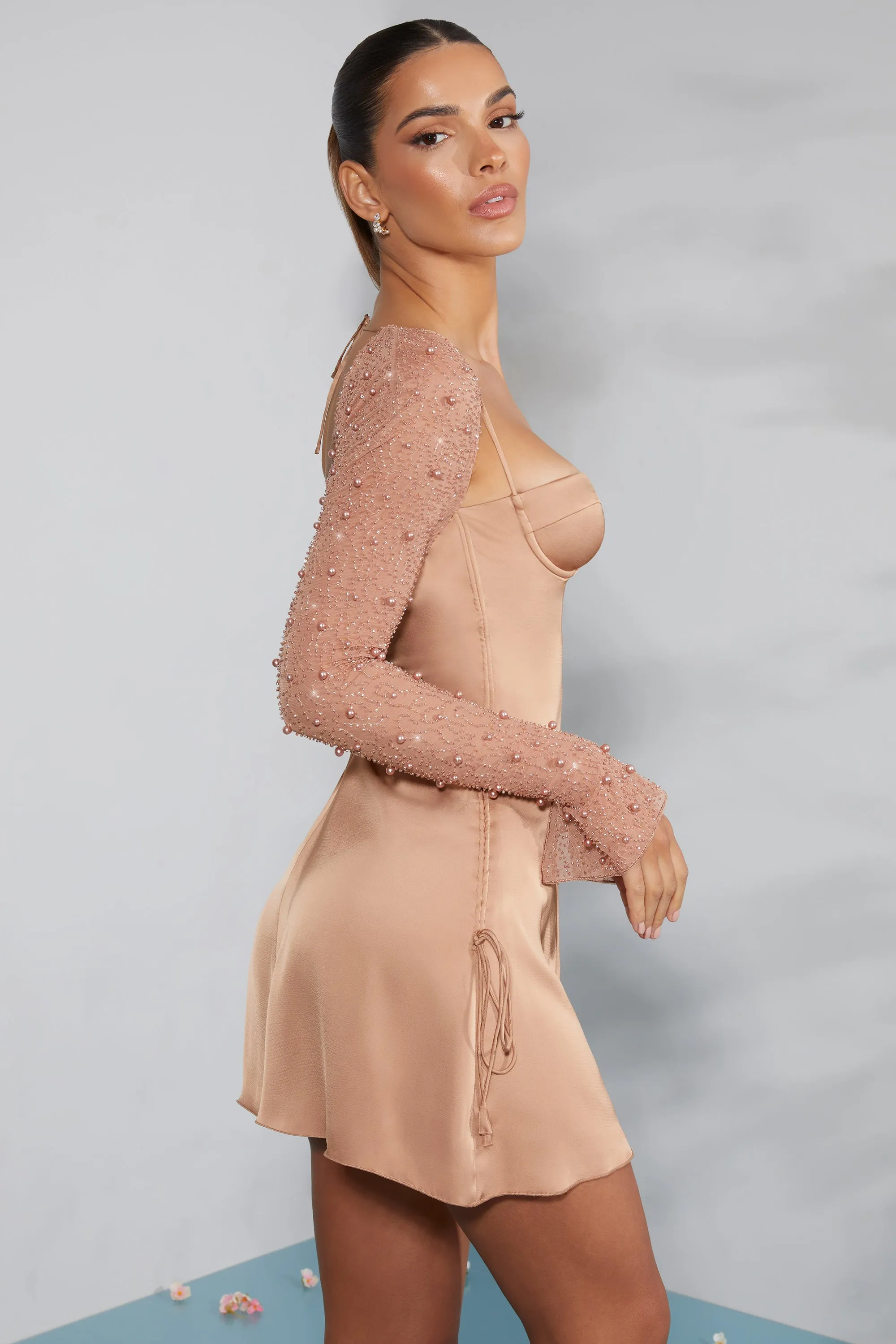 Long Sleeve Embellished A-line Mini Dress in Beige All Season Fashion Cozy Fit Style