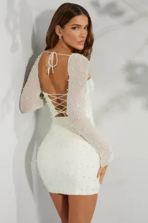 Long Sleeve Embellished Corset Mini Dress in Ivory Floral Pattern Anti Static Material