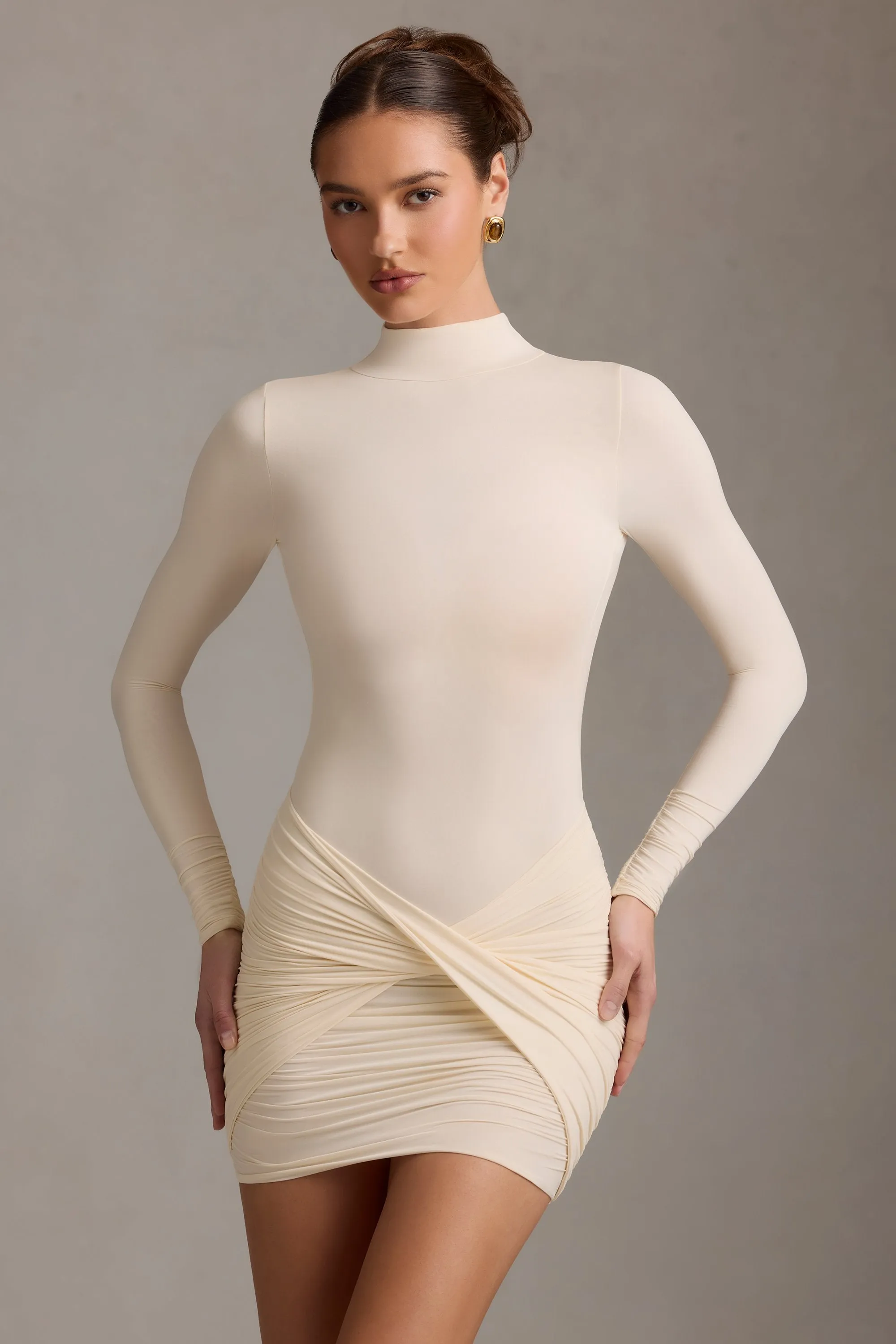 Ruched Backless Turtleneck Mini Dress in Ivory Oversized Pocket