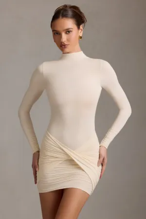 Ruched Backless Turtleneck Mini Dress in Ivory Oversized Pocket