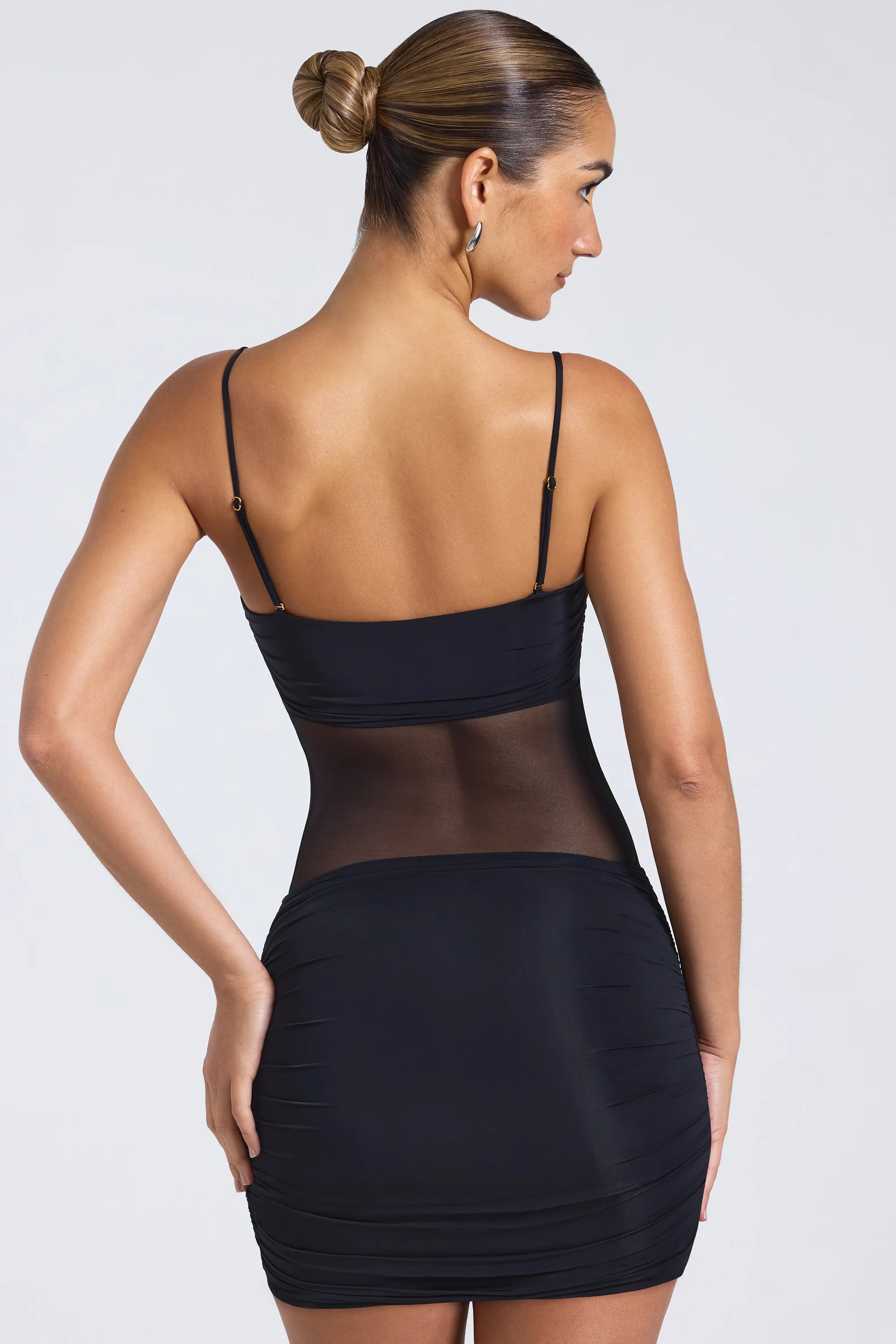 Street Chic Sheer Panelled Ruched Mini Dress in Black