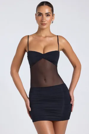 Sheer Panelled Ruched Mini Dress in Black Bold vibrant dress Versatile Look