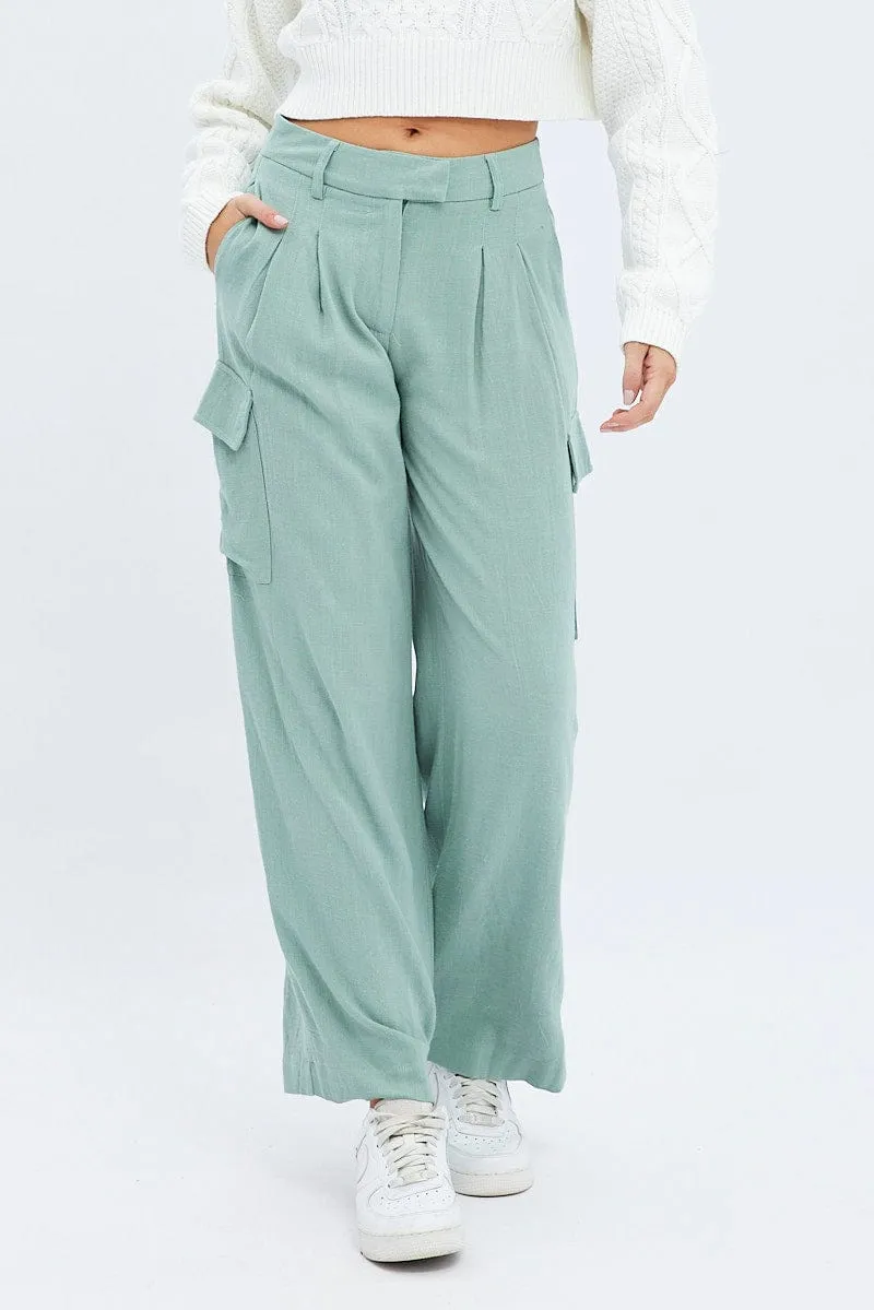 WindResistantMaterial Elastic Cuff Green Cargo Pants Low Rise Wide Leg