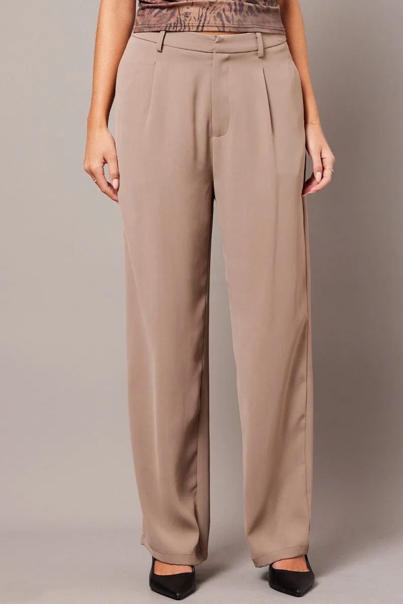Ultra Soft Texture Flexible Wear Beige Wide Leg Pants High Rise