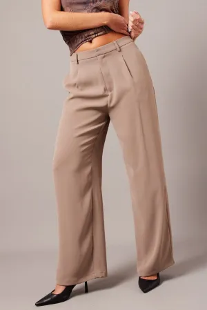 Reinforced Pockets Beige Wide Leg Pants High Rise