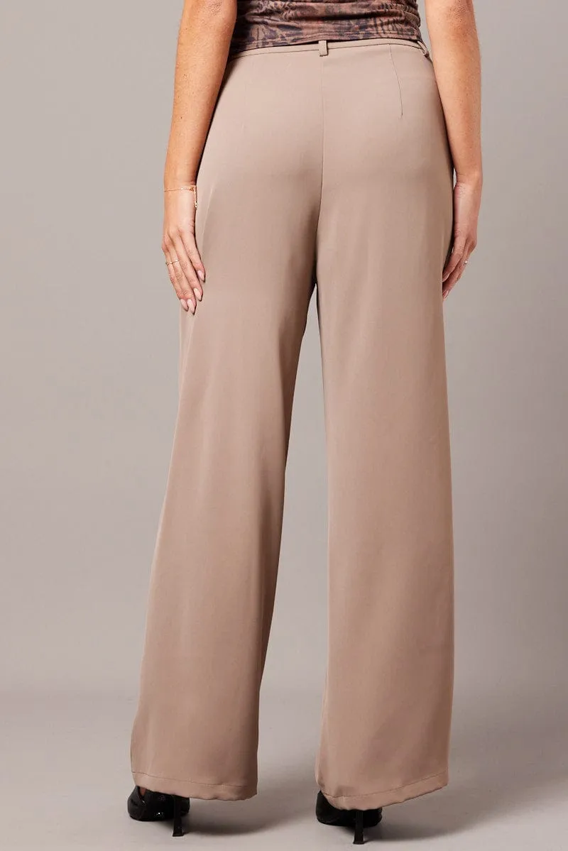 Beige Wide Leg Pants High Rise SeamlessPocketDesign