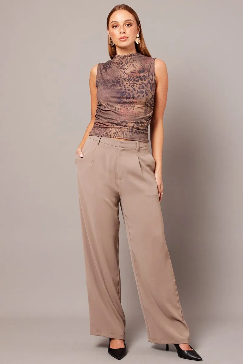 Beige Wide Leg Pants High Rise Hidden Zip Pockets
