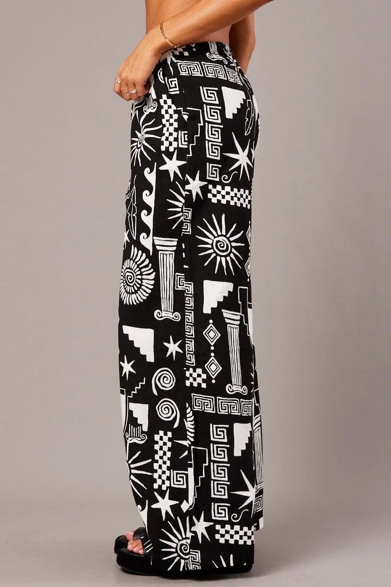 Durable Seam Construction Black Abstract Wide Leg Pants High Rise