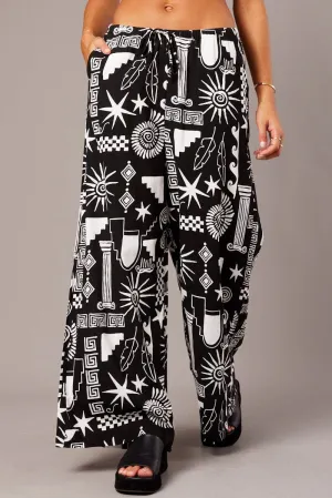 Flattering Design Black Abstract Wide Leg Pants High Rise