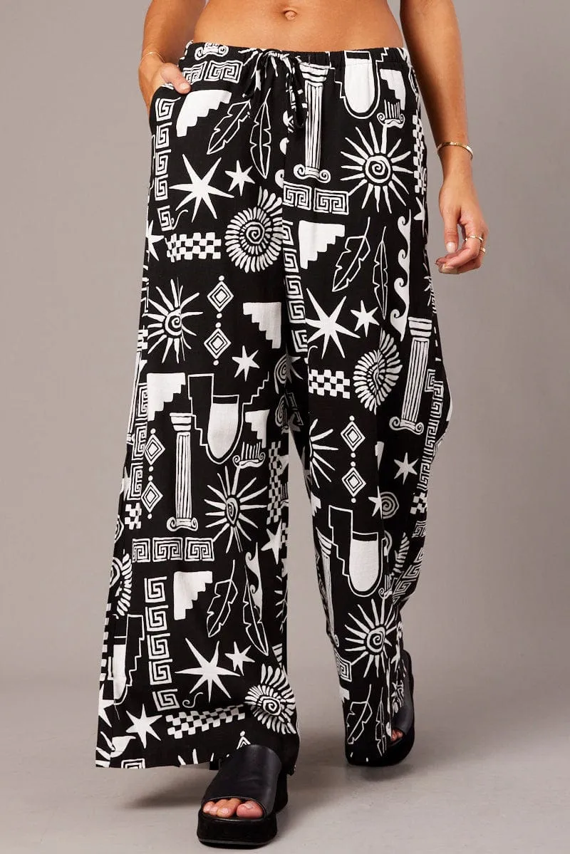 Flattering Design Black Abstract Wide Leg Pants High Rise