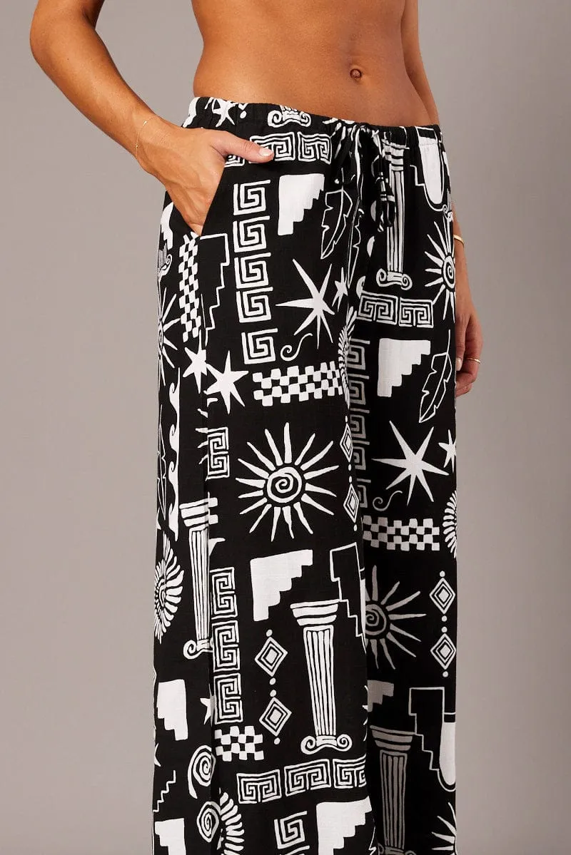 Smart Casual Black Abstract Wide Leg Pants High Rise