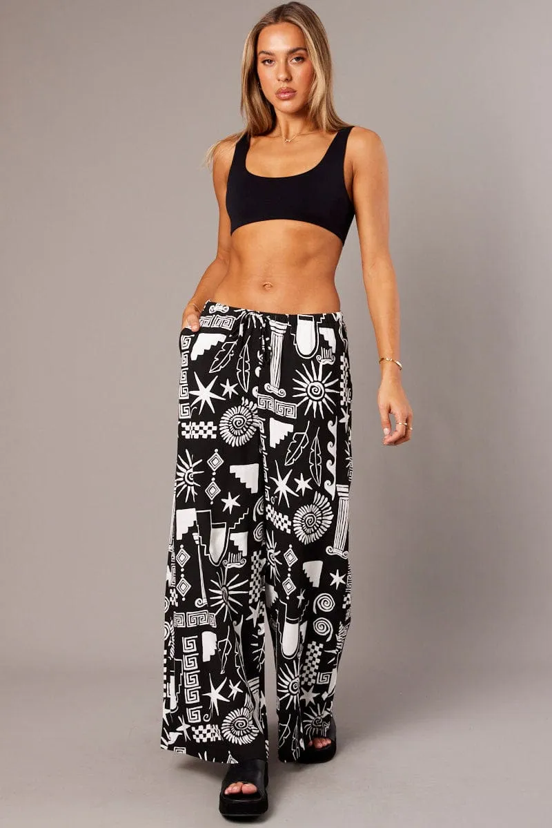 Lightweight Flex Stretchable Black Abstract Wide Leg Pants High Rise