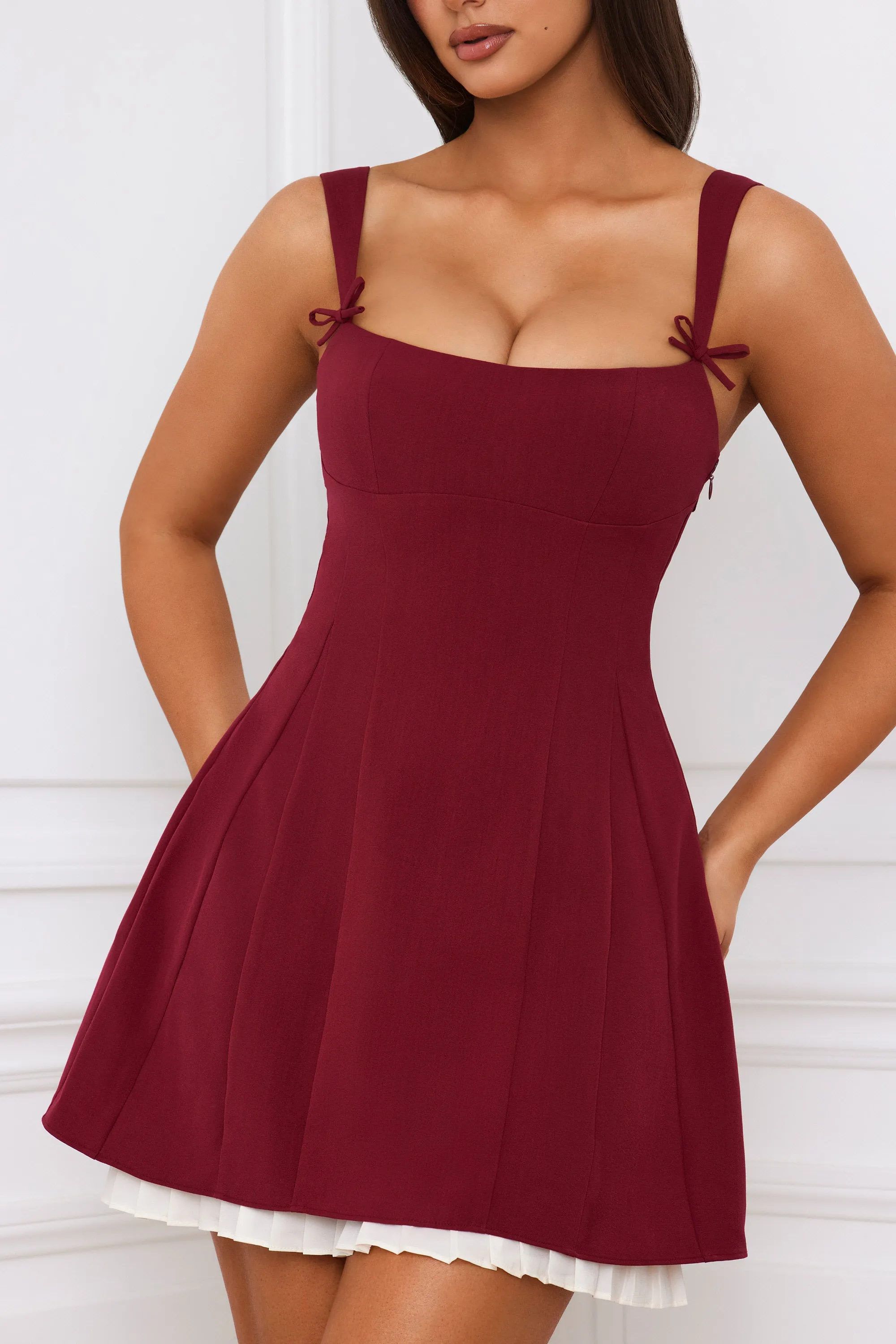Night Out Bow-Detail Pleated A-Line Mini Dress in Berry Red