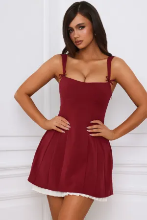 Bow-Detail Pleated A-Line Mini Dress in Berry Red Light Glow Trendy Print