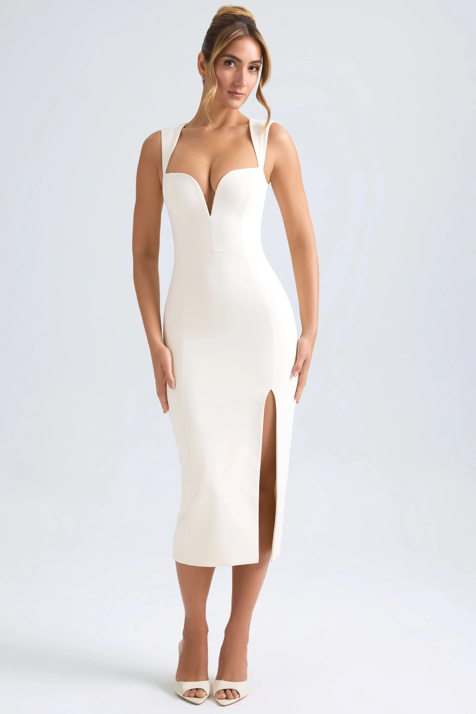 Joy Ease elastic waistband Sweetheart-Neck Midaxi Dress in Ivory