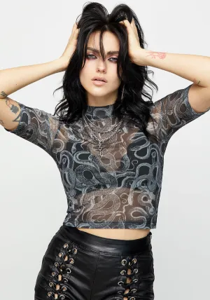 Serpente Print Mesh Short Sleeve Crop Top All-Season Comfort Wear
