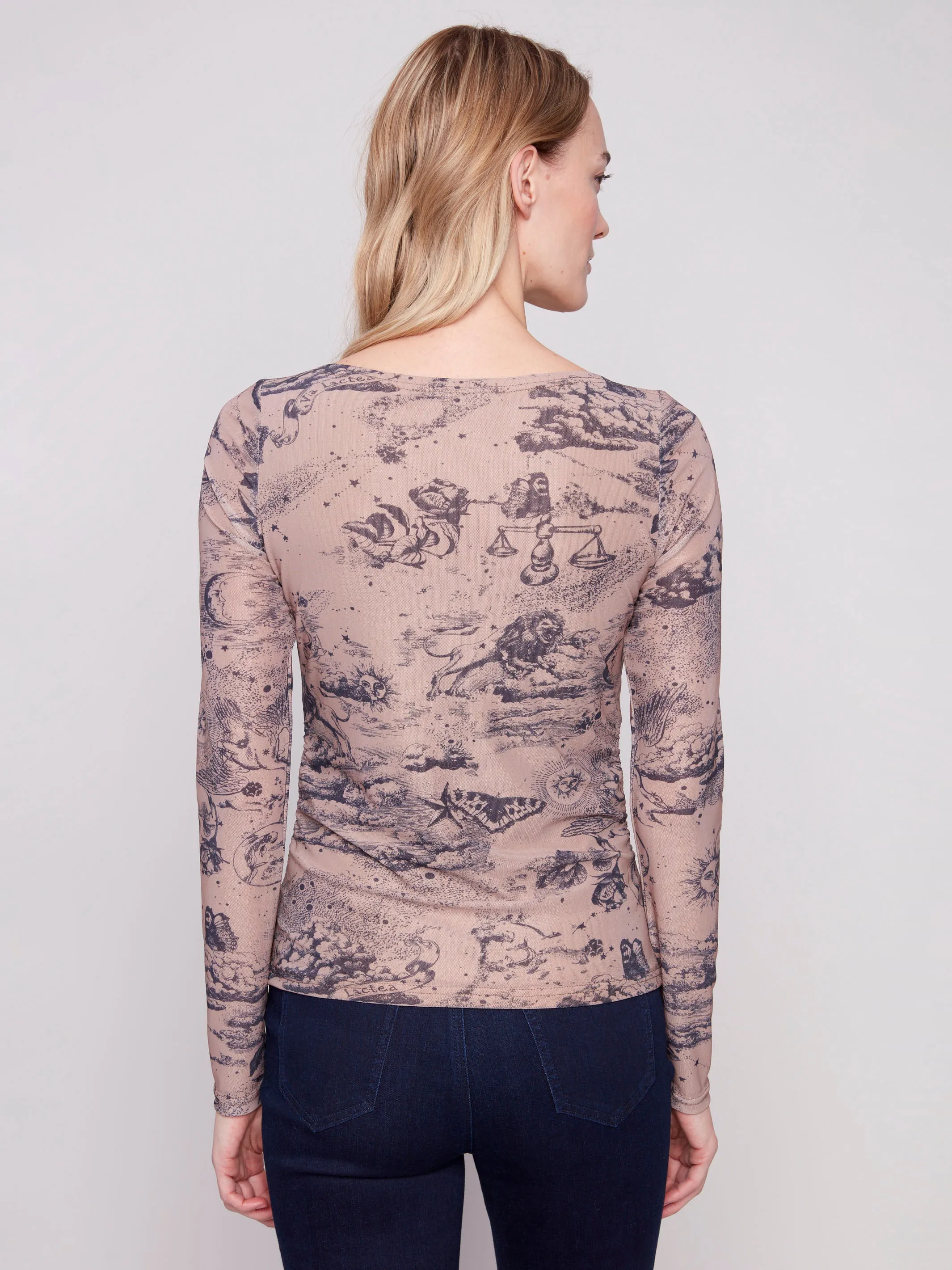 Printed Ruched Mesh Top - Astrology QuickDry Material