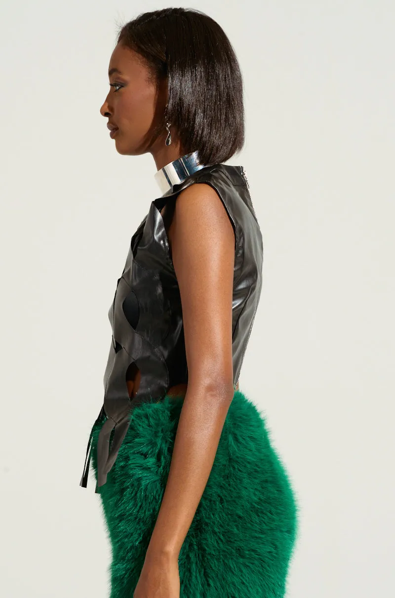 4 Way Stretch ON MY OWN WAVE CUT OUT FAUX LEATHER TOP IN PU