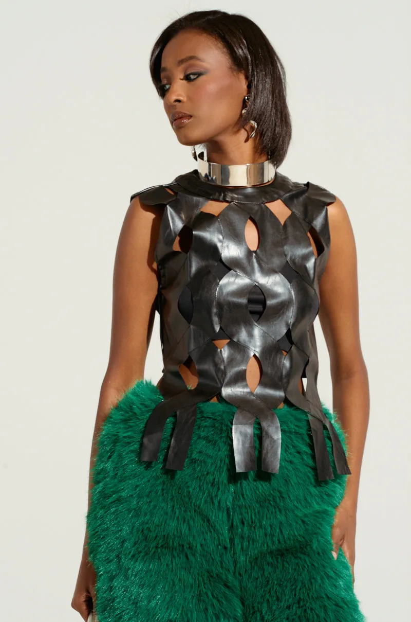 Stay Freshness Built In Support ON MY OWN WAVE CUT OUT FAUX LEATHER TOP IN PU