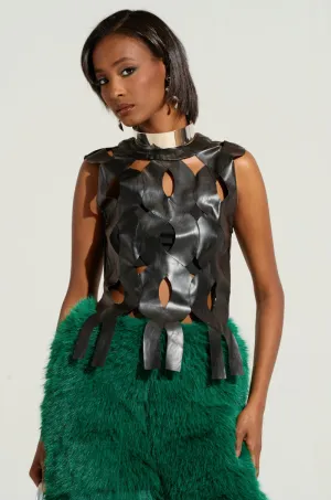 ON MY OWN WAVE CUT OUT FAUX LEATHER TOP IN PU Tactical