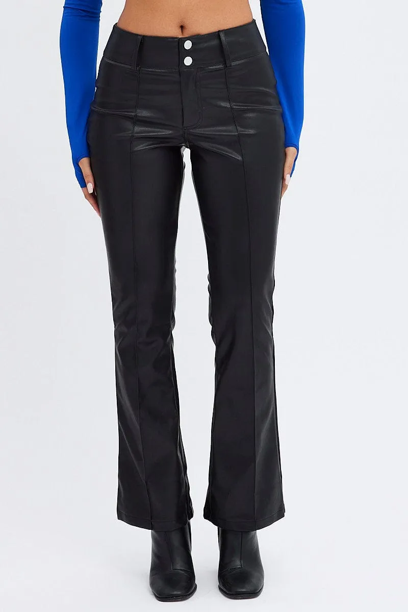 Black Flare Leg Pants Mid Rise Faux Leather Relaxed Fit slim fit