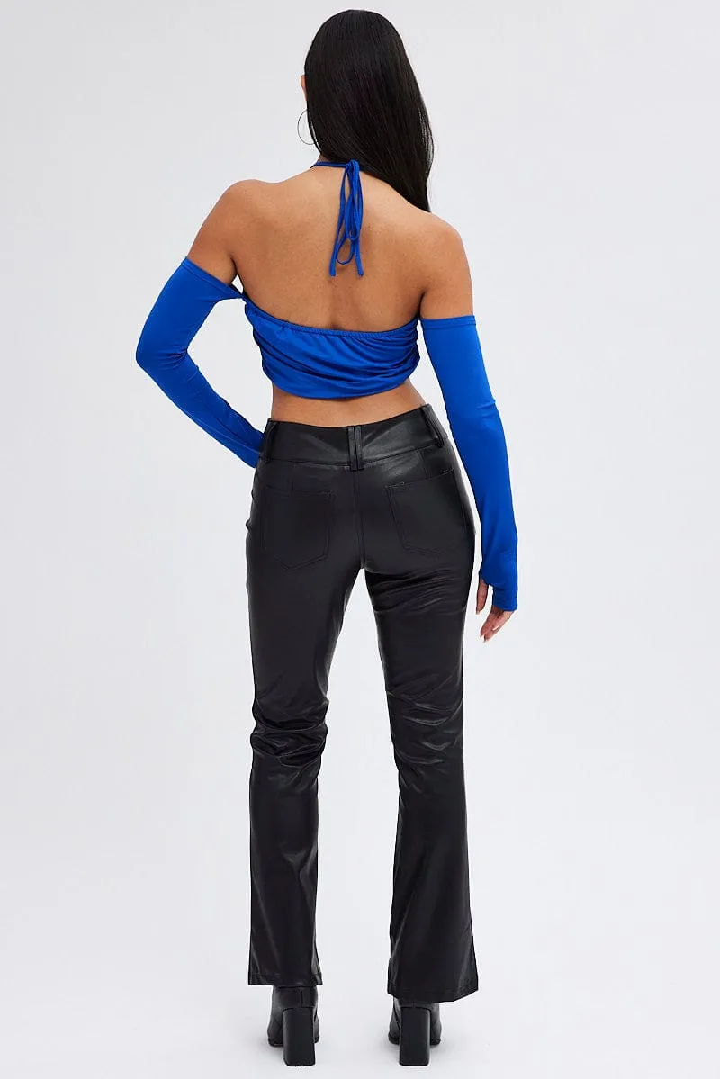 Black Flare Leg Pants Mid Rise Faux Leather Light Fabric Relaxed Fit Design