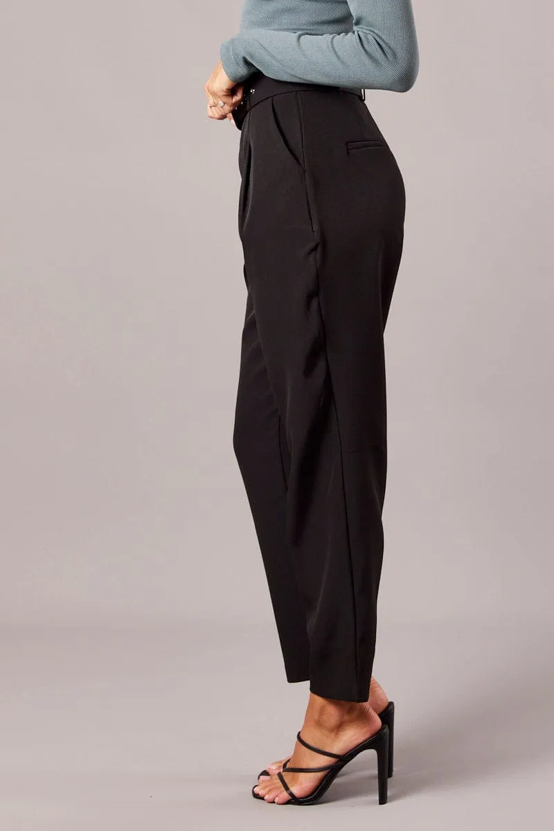 Functional Comfort Wear Black Tapered Pants High Rise Belted