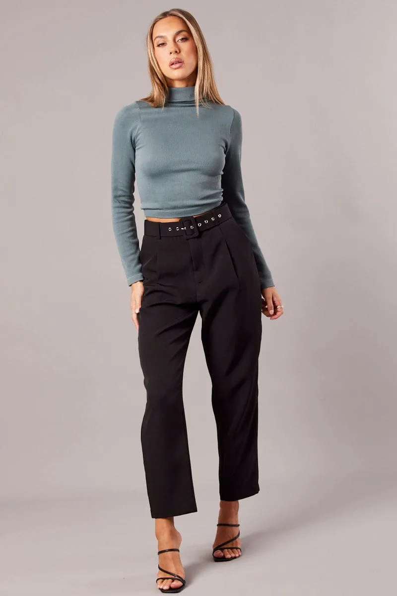 Black Tapered Pants High Rise Belted Laser Cut Perforations