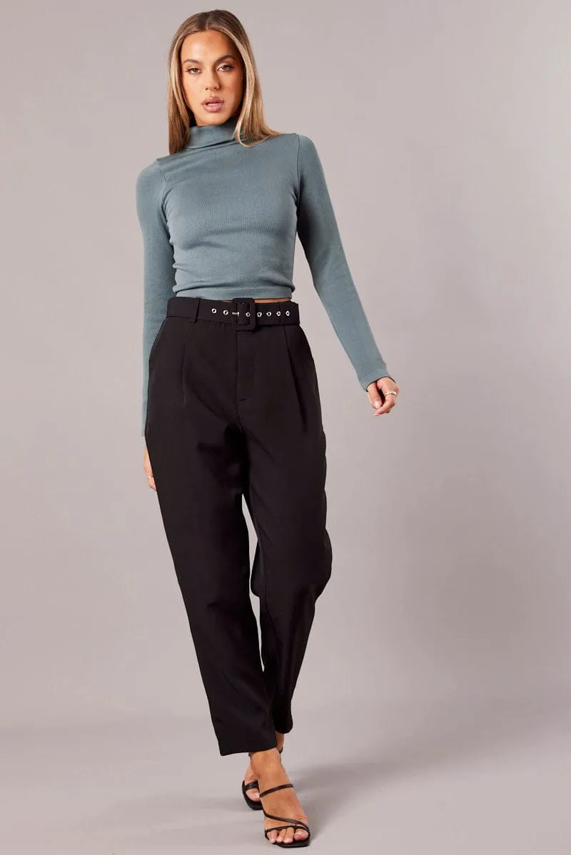 Black Tapered Pants High Rise Belted Ripped design Performance Fit