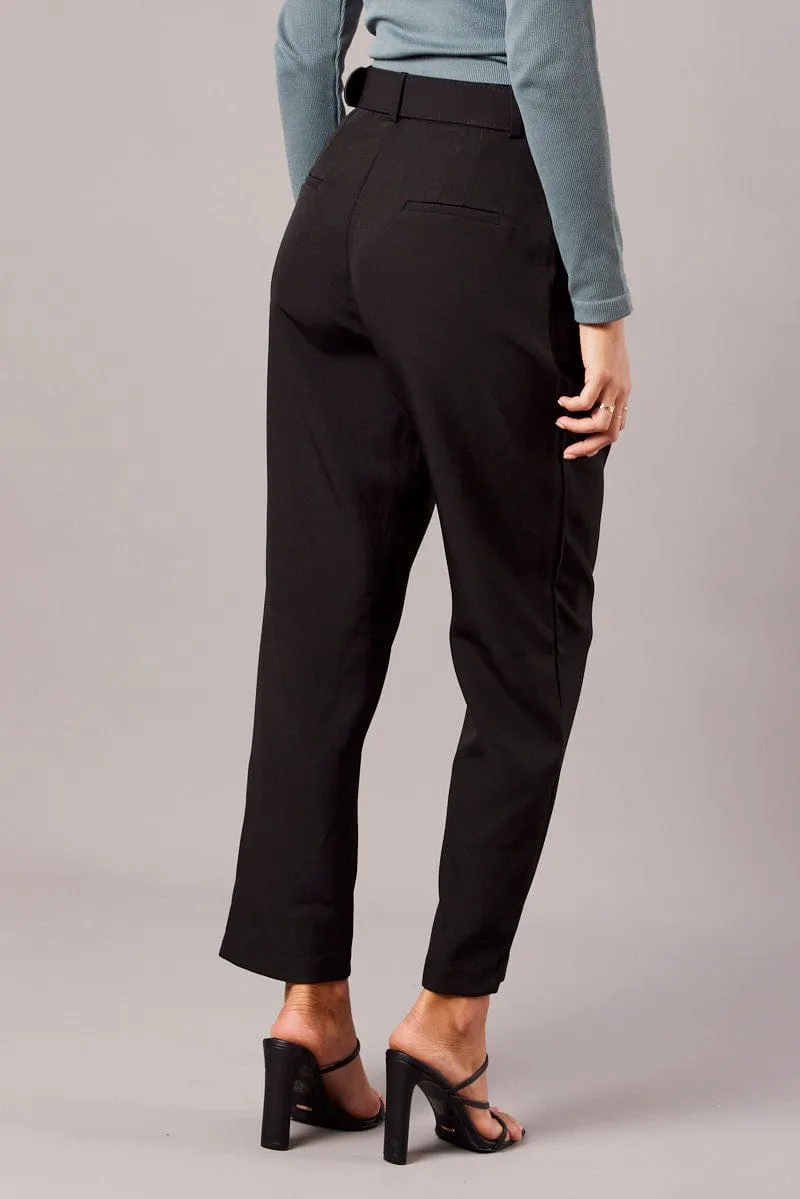 Black Tapered Pants High Rise Belted All-Season Wear Timeless Style