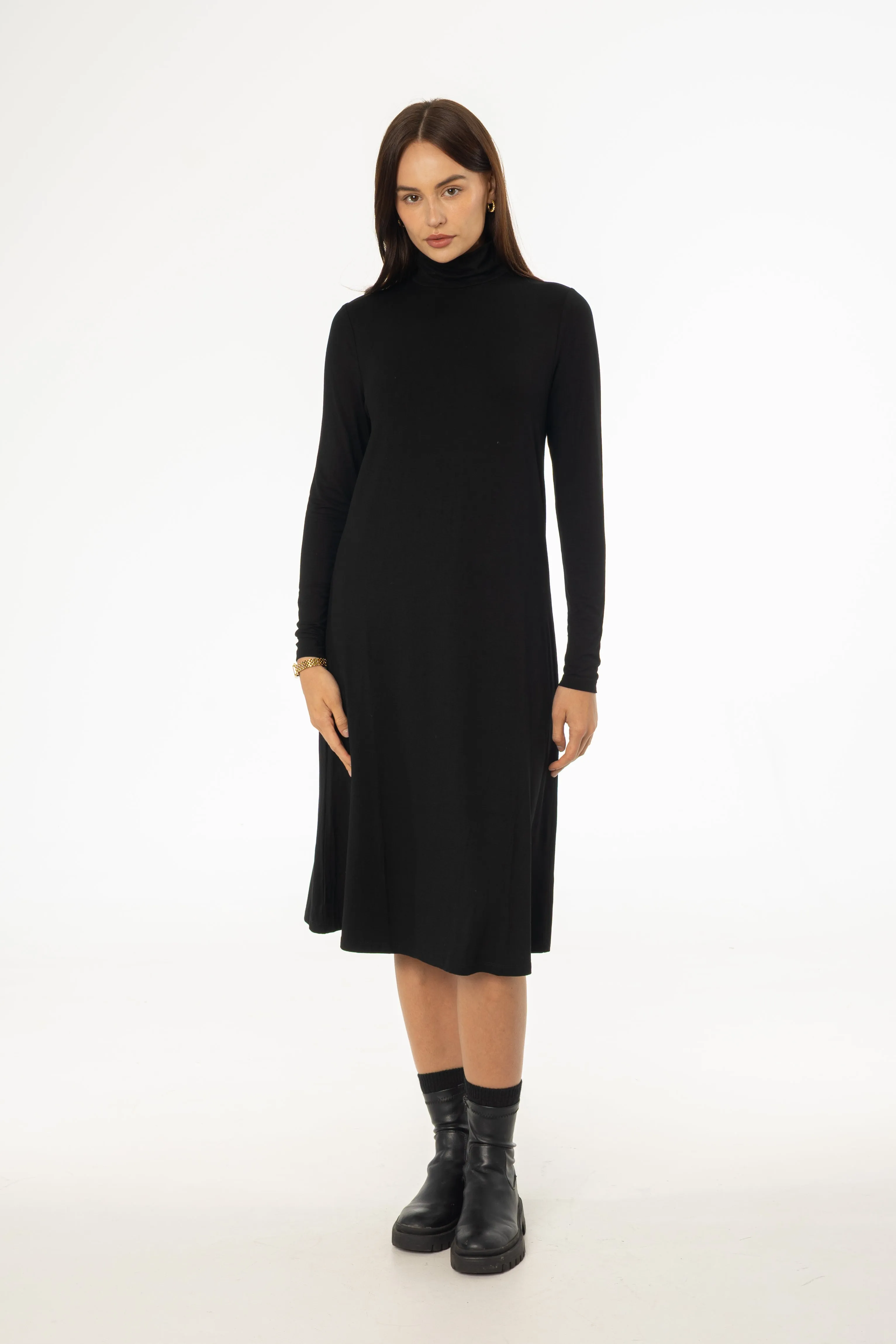 Black Turtleneck Swing Dress NoSlip Hem Flexible Hemline