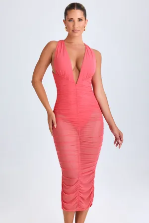 Ruched Plunge Midaxi Dress in Coral Joyful Mood