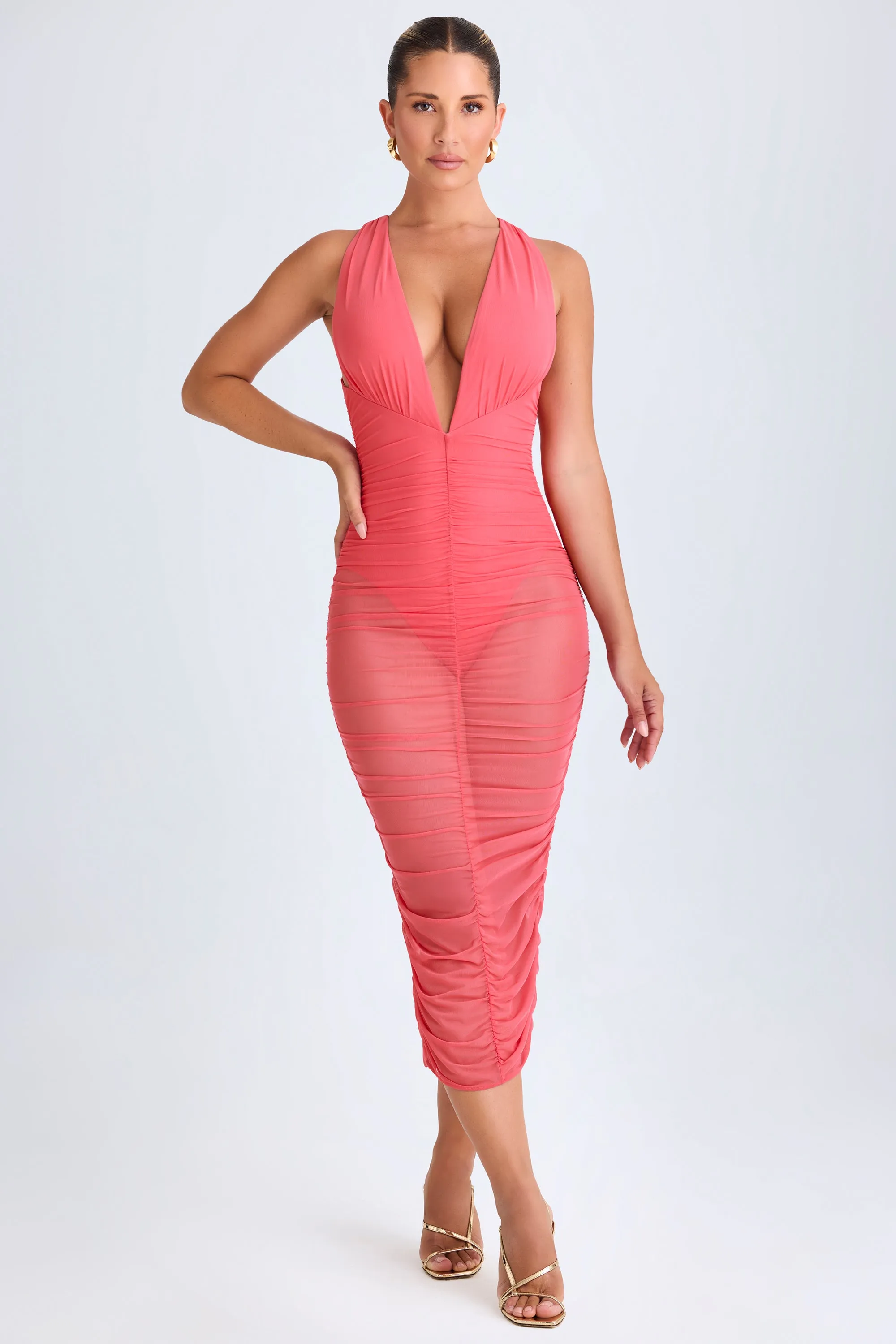 Ruched Plunge Midaxi Dress in Coral quick dry