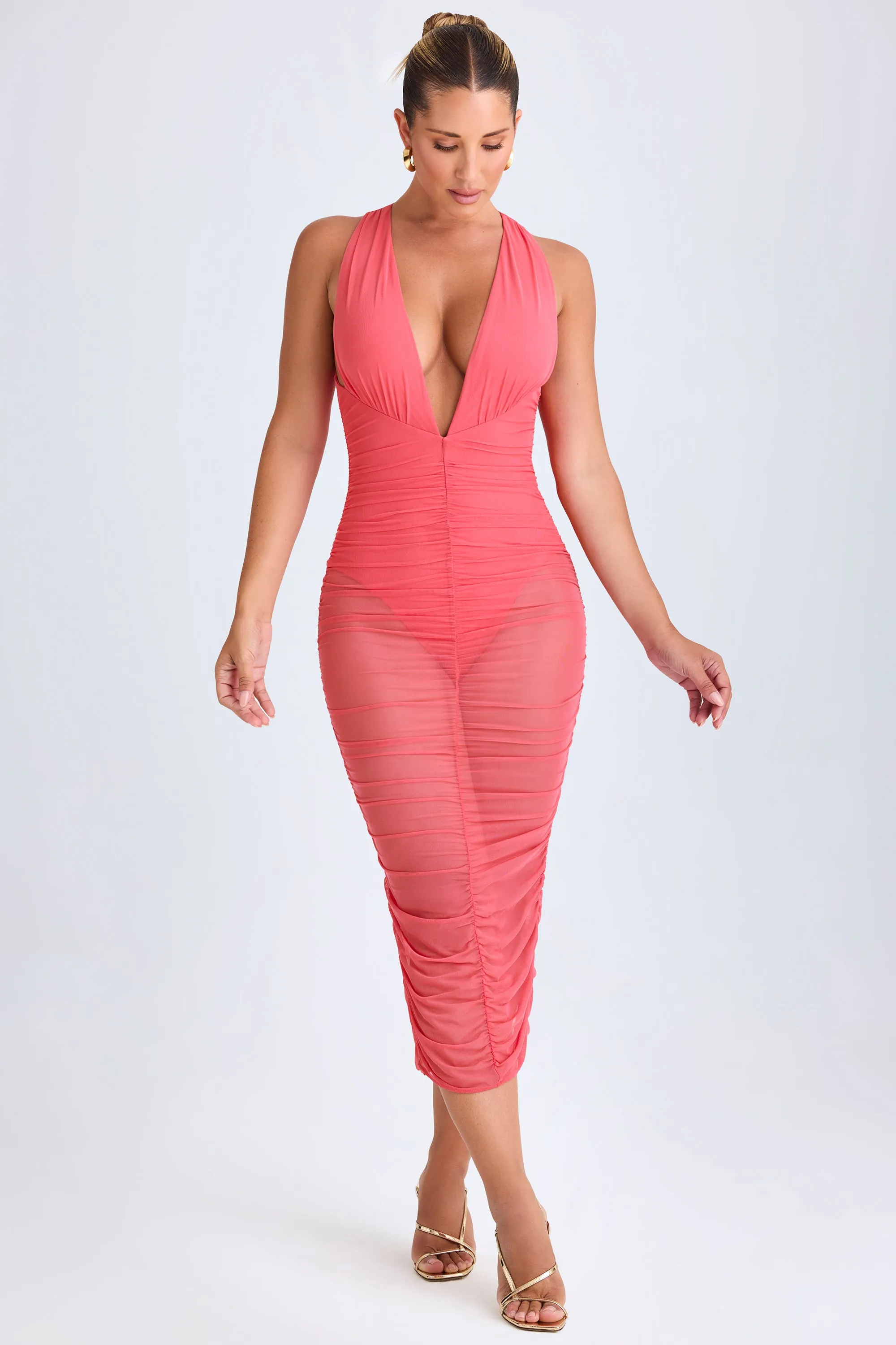Ruched Plunge Midaxi Dress in Coral Fairy Mood