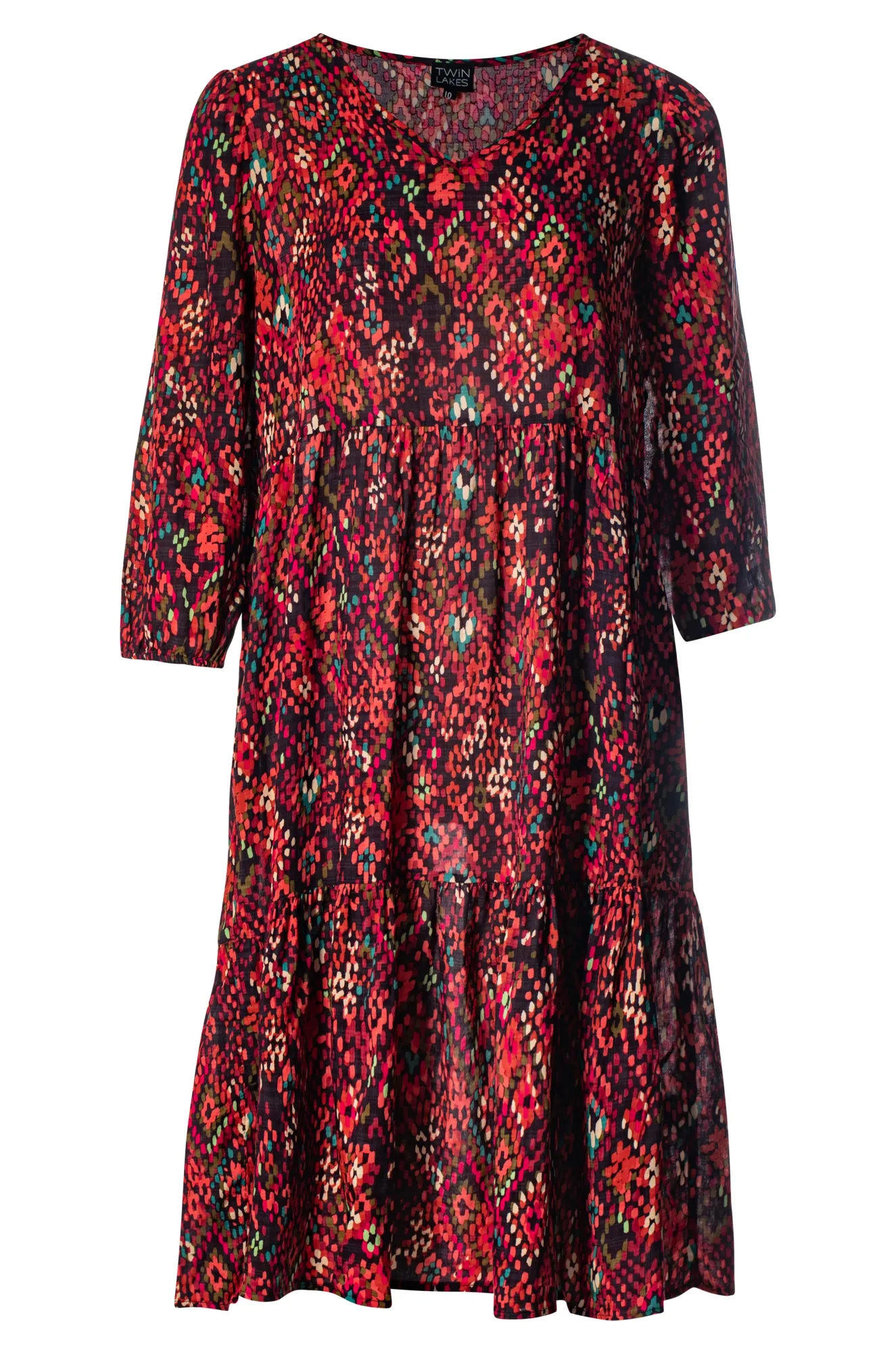 V neck Cotton Rayon Dress | Berry Mosaic | 6543BR TemperatureRegulating
