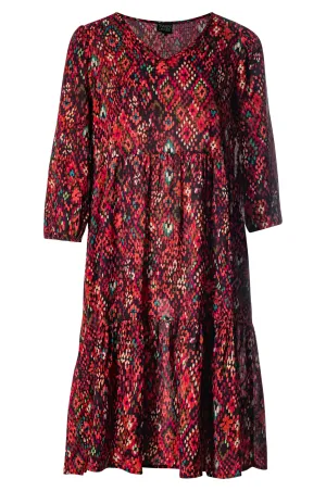 V neck Cotton Rayon Dress | Berry Mosaic | 6543BR TemperatureRegulating