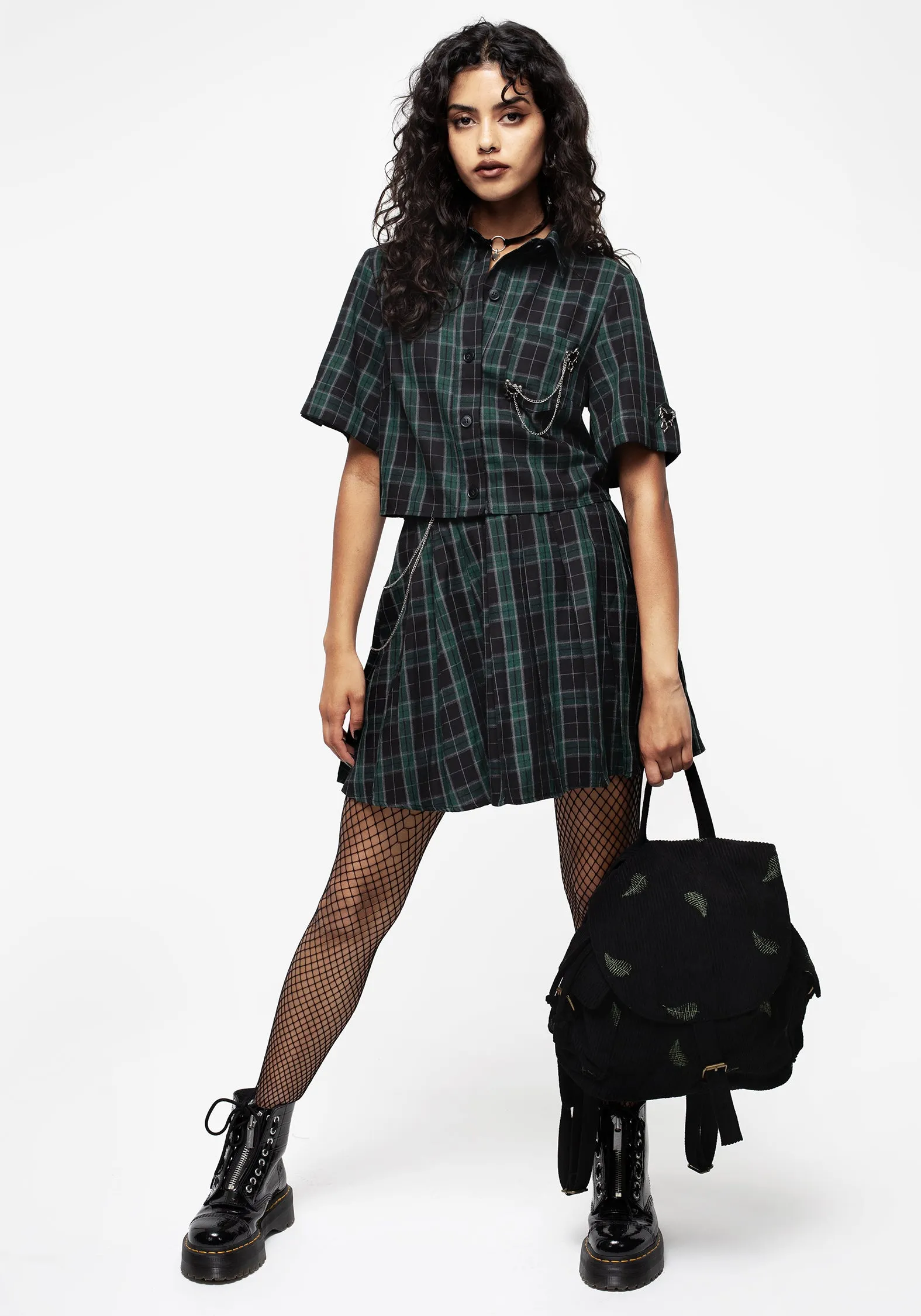 Double Layer Cardio Check Cotton Pleated Mini Skirt