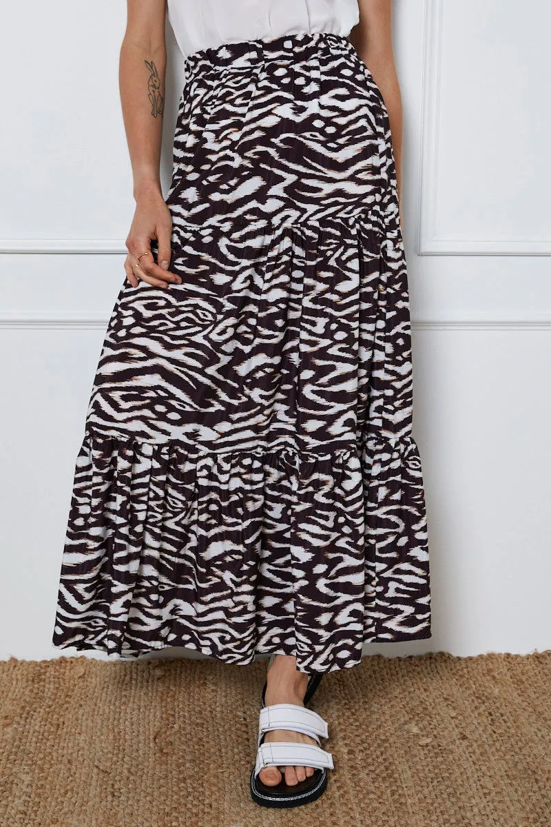 Print Tiered Maxi Skirt Minimalist Layering Fold Over Detail