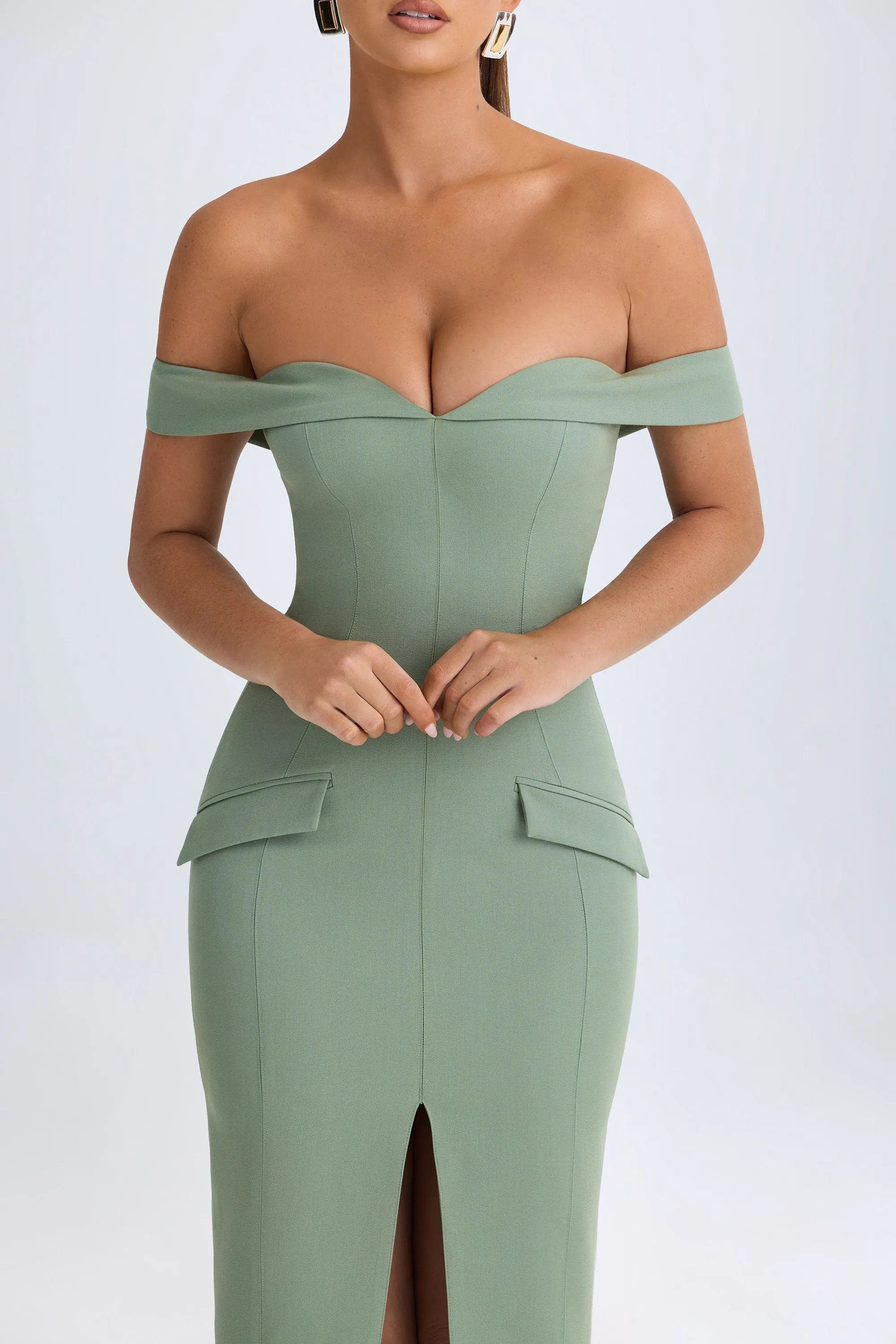 Off-Shoulder Midaxi Dress in Khaki Green High-Quality Fabric Warm Base