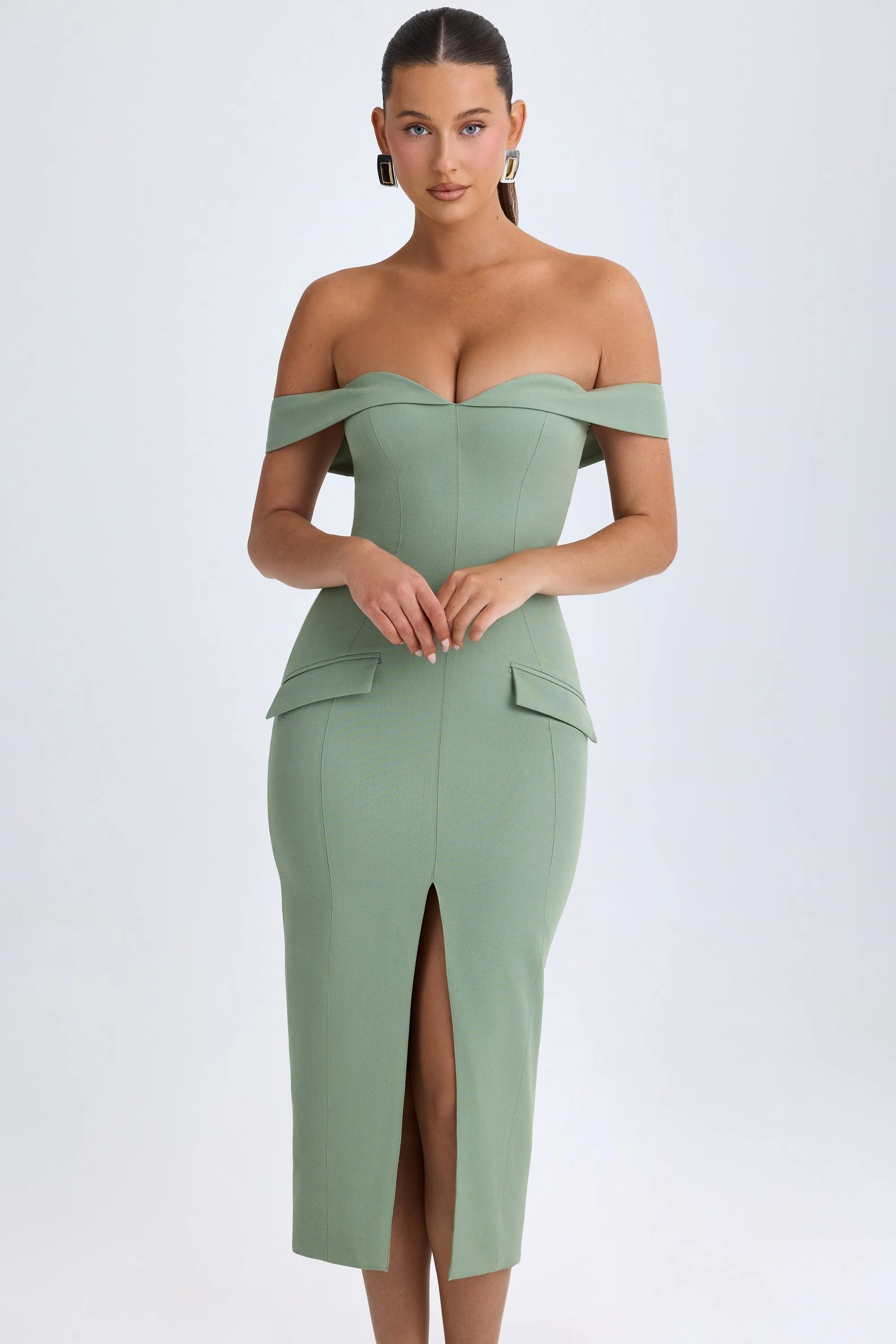 Off-Shoulder Midaxi Dress in Khaki Green Athletic Apparel
