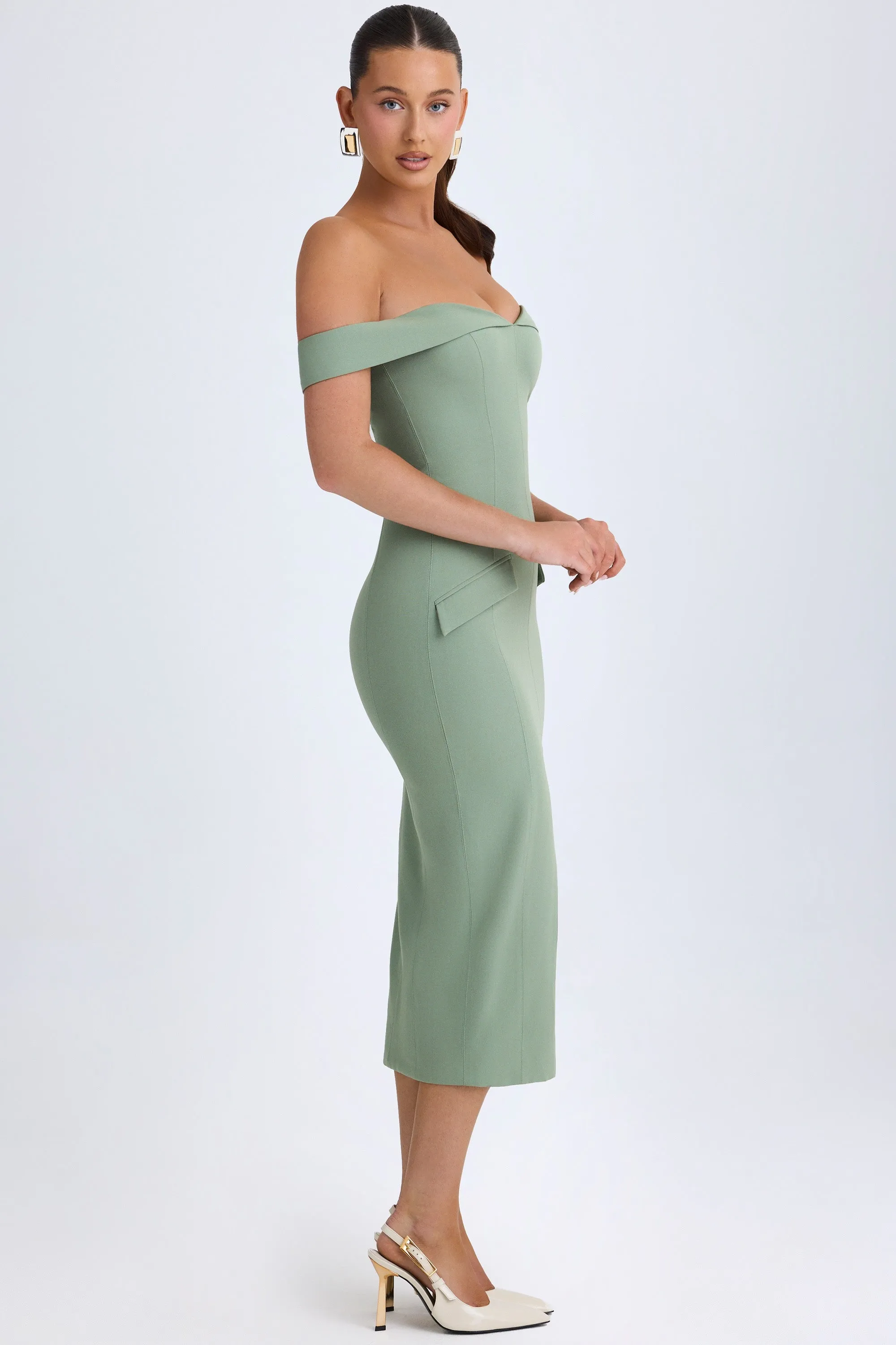 Off-Shoulder Midaxi Dress in Khaki Green Cool Frame Easy Wear