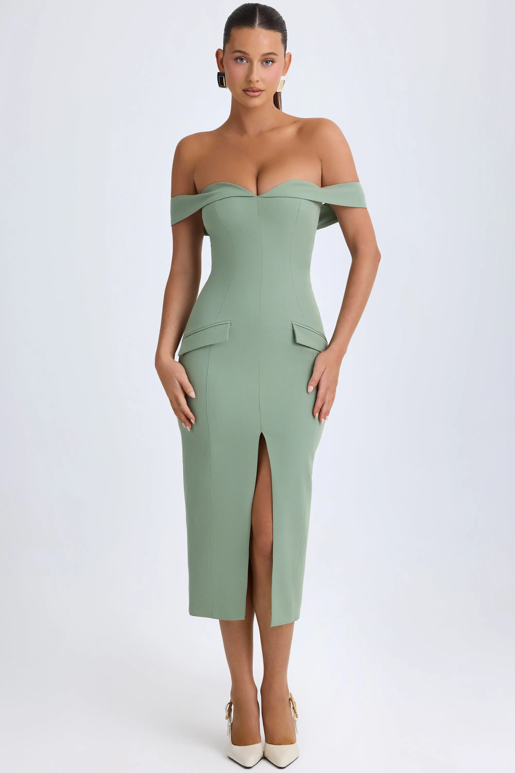 Easy Wear DurableBlend Off-Shoulder Midaxi Dress in Khaki Green