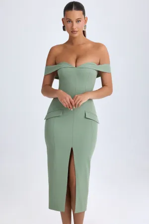 Off-Shoulder Midaxi Dress in Khaki Green Athletic Apparel