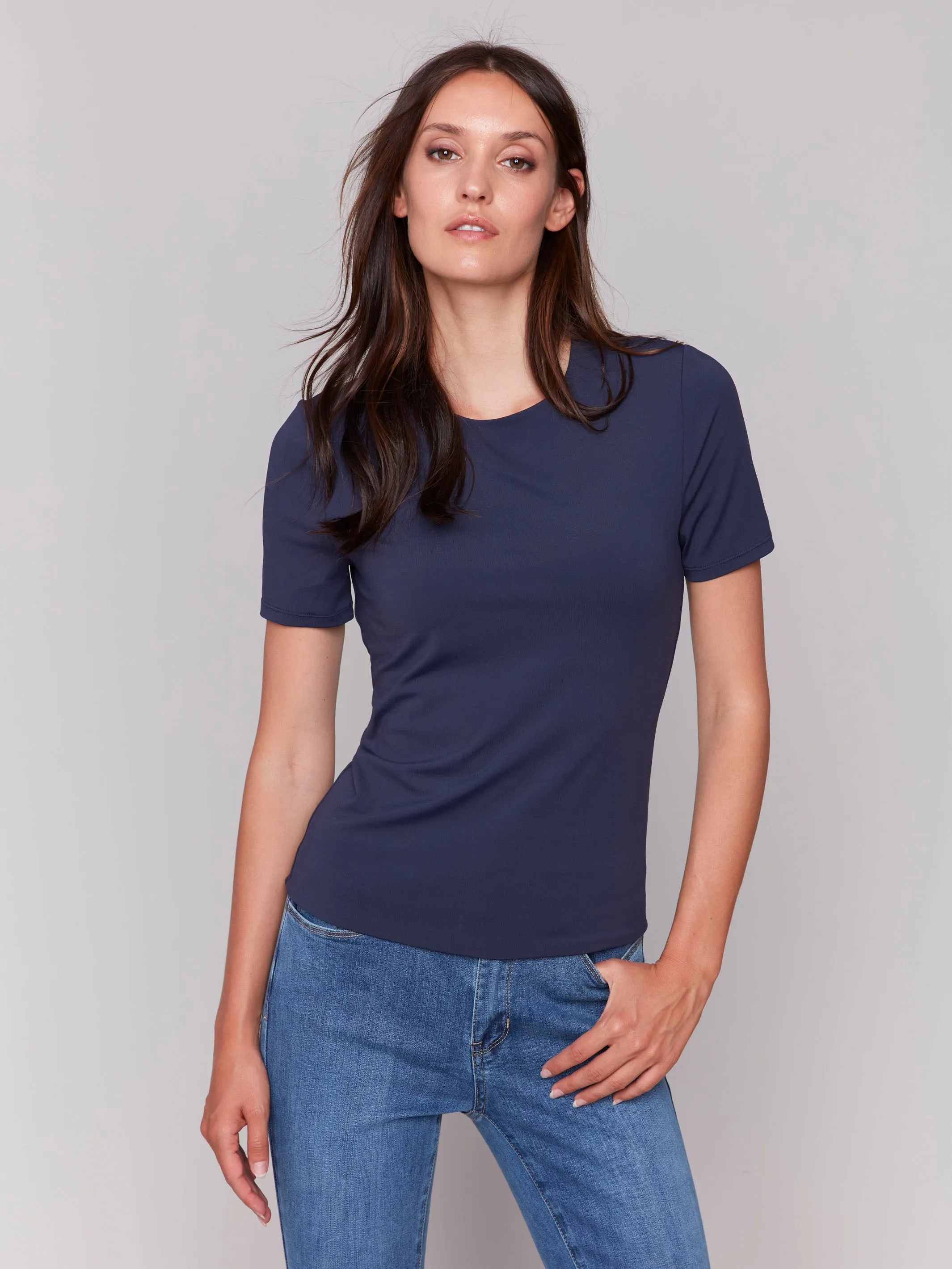 Short-Sleeved Super Stretch Top - Navy Stylish and Fun