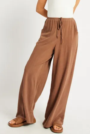 Sporty Comfort Fit Brown Wide Leg Pants High Rise